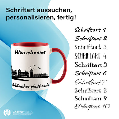 Tasse in Rot 330ml bedruckt mit der Skyline von Mönchengladbach personalisierbar mit Wunschname
