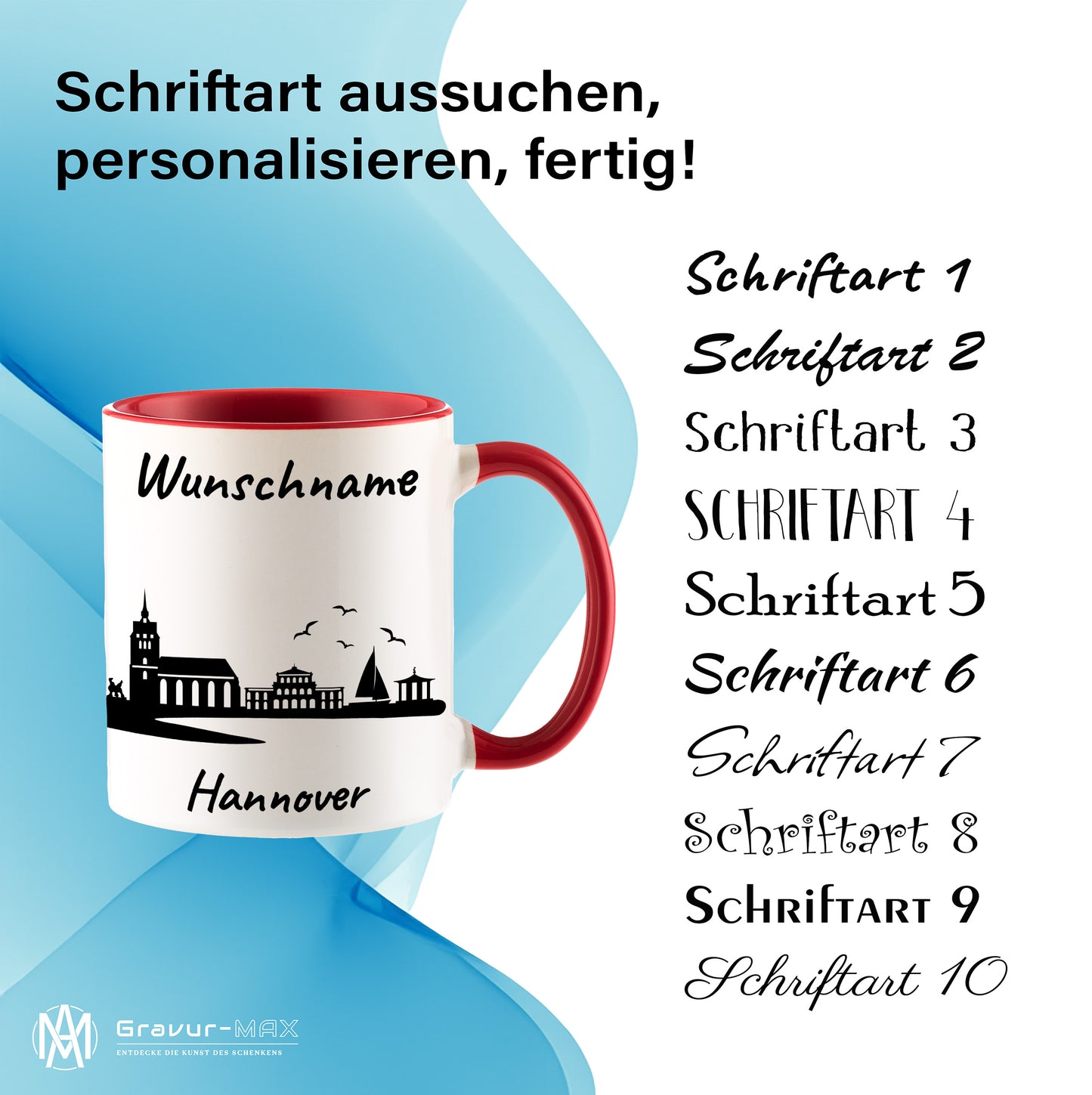 Tasse in Rot 330ml bedruckt mit der Skyline von Hannover personalisierbar mit Wunschname