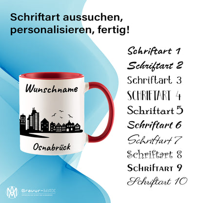 Tasse in Rot 330ml bedruckt mit der Skyline von Osnabrück personalisierbar mit Wunschname