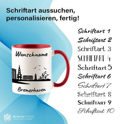 Tasse in Rot 330ml bedruckt mit der Skyline von Bremerhaven personalisierbar mit Wunschname