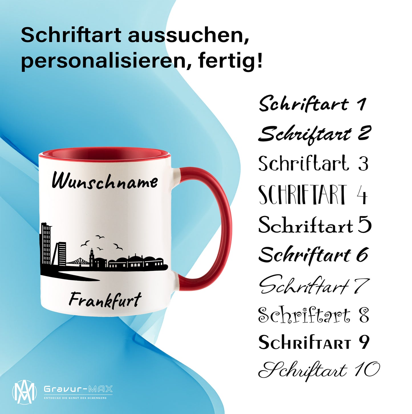 Tasse in Rot 330ml bedruckt mit der Skyline von Frankfurt personalisierbar mit Wunschname
