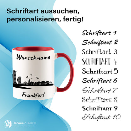 Tasse in Rot 330ml bedruckt mit der Skyline von Frankfurt personalisierbar mit Wunschname