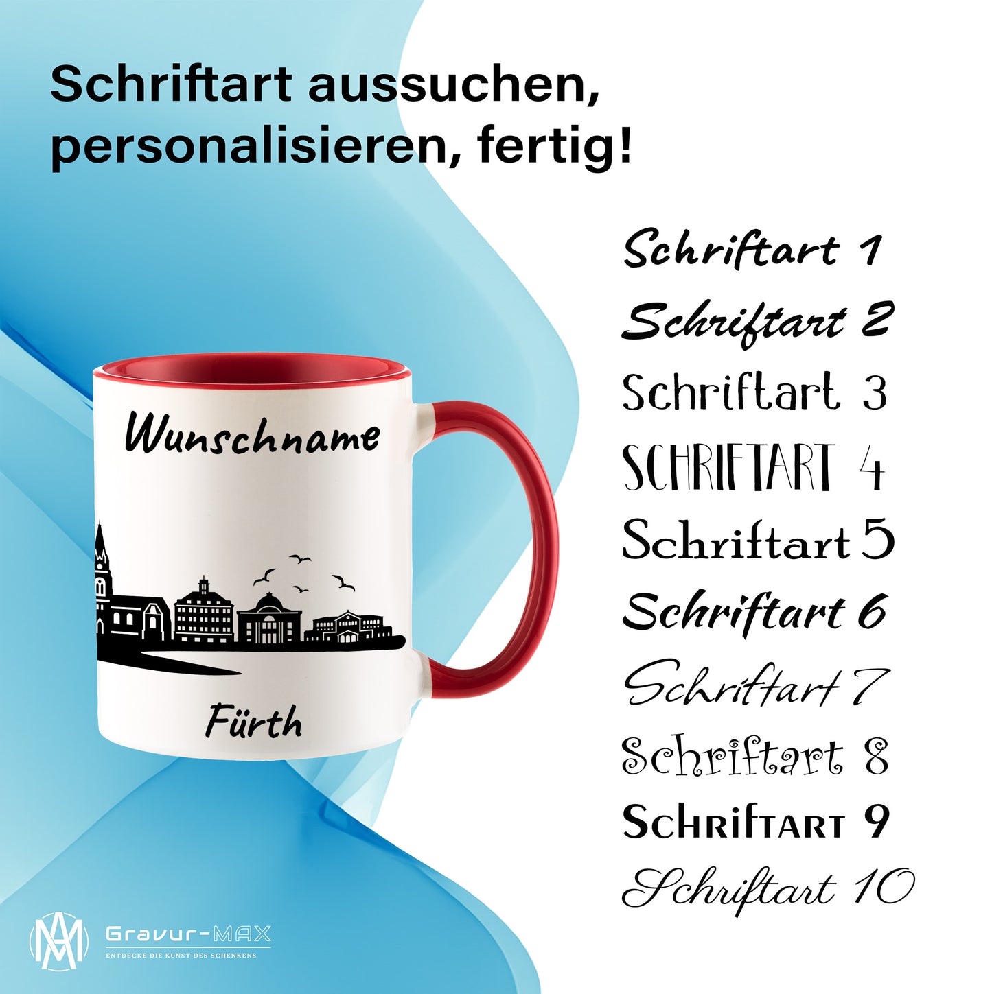Tasse in Rot 330ml bedruckt mit der Skyline von Fürth personalisierbar mit Wunschname