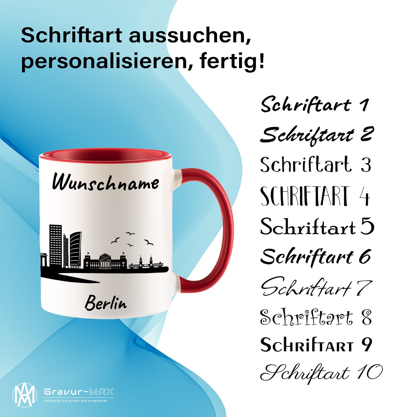 Tasse in Rot 330ml bedruckt mit der Skyline von Berlin personalisierbar mit Wunschname