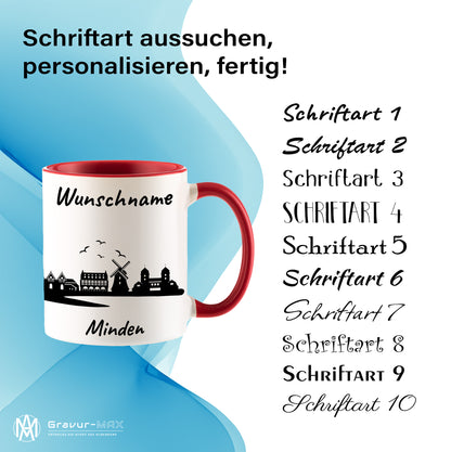 Tasse in Rot 330ml bedruckt mit der Skyline von Minden personalisierbar mit Wunschname