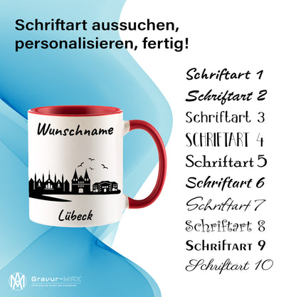 Tasse in Rot 330ml bedruckt mit der Skyline von Lübeck personalisierbar mit Wunschname