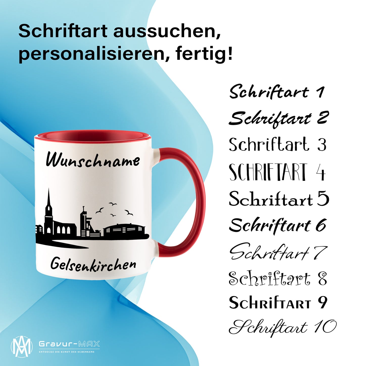 Tasse in Rot 330ml bedruckt mit der Skyline von Gelsenkirchen personalisierbar mit Wunschname