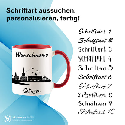 Tasse in Rot 330ml bedruckt mit der Skyline von Solingen personalisierbar mit Wunschname