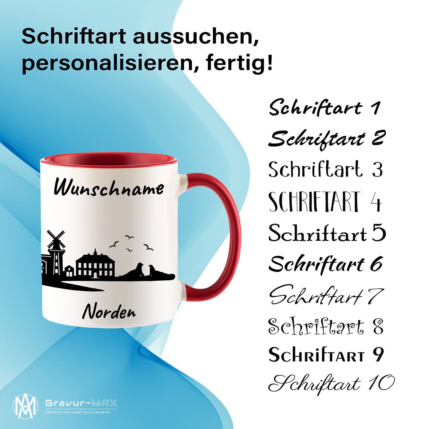 Tasse in Rot 330ml bedruckt mit der Skyline von Norden personalisierbar mit Wunschname