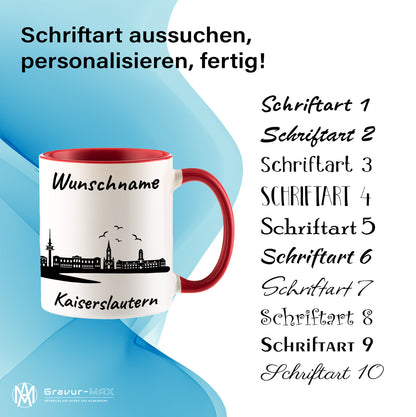 Tasse in Rot 330ml bedruckt mit der Skyline von Kaiserslautern personalisierbar mit Wunschname