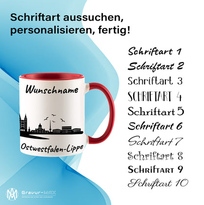 Tasse in Rot 330ml bedruckt mit der Skyline von Ostwestfalen-Lippe personalisierbar mit Wunschname