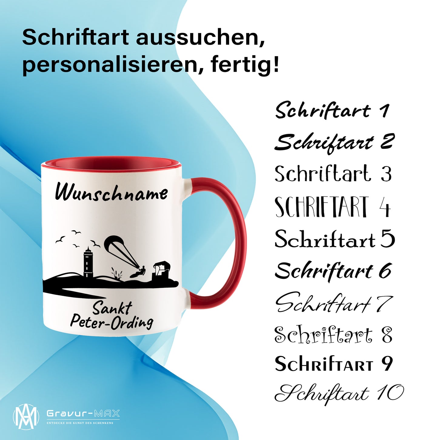 Tasse in Rot 330ml bedruckt mit der Skyline von Sankt Peter-Ording personalisierbar mit Wunschname