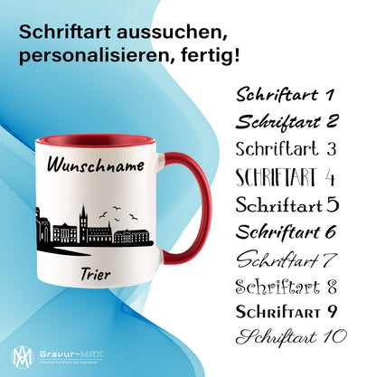 Tasse in Rot 330ml bedruckt mit der Skyline von Trier personalisierbar mit Wunschname