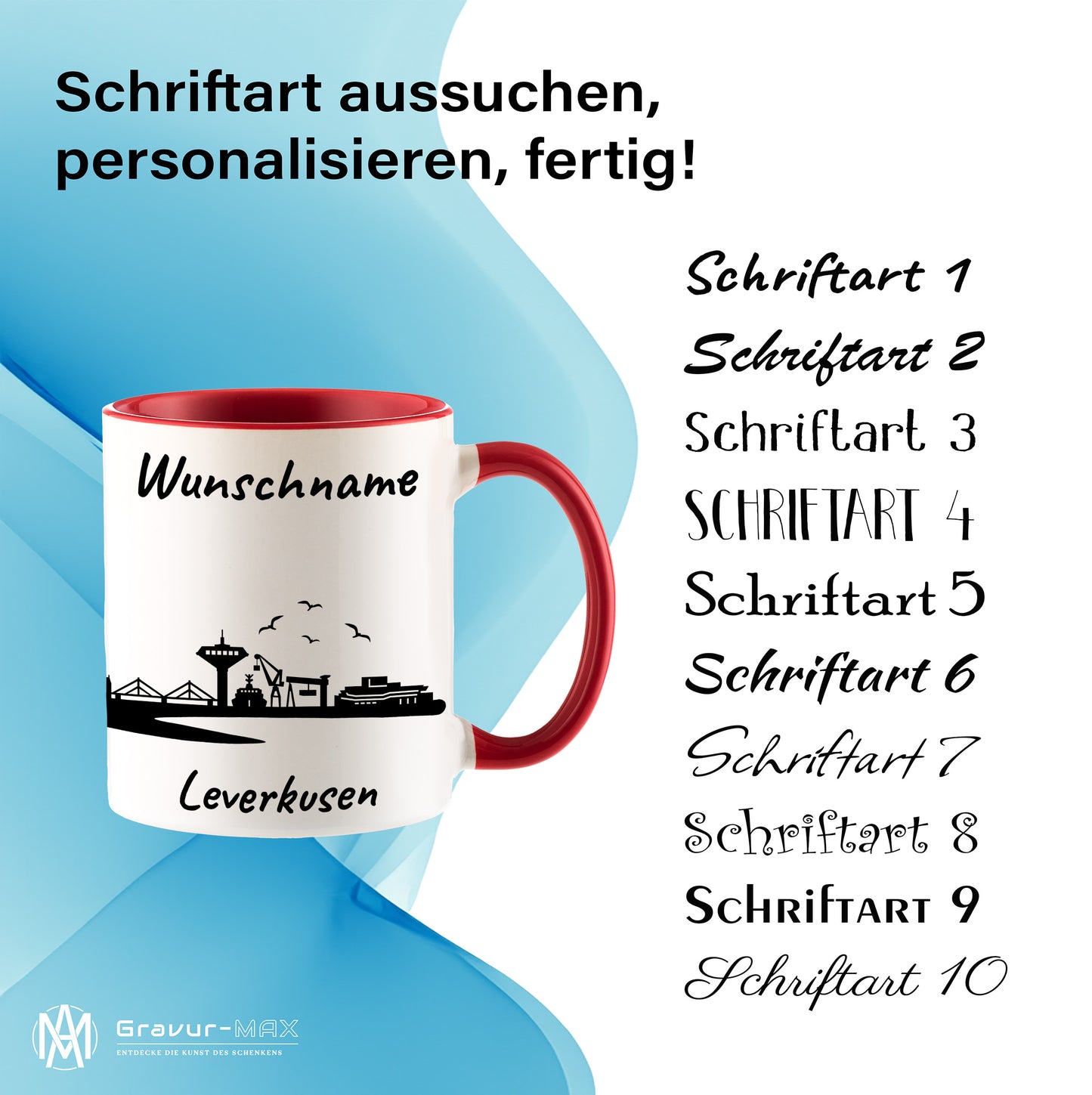 Tasse in Rot 330ml bedruckt mit der Skyline von Leverkusen personalisierbar mit Wunschname