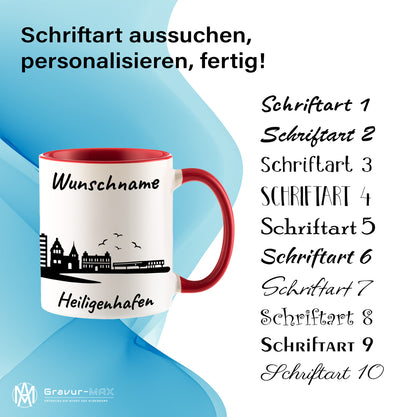 Tasse in Rot 330ml bedruckt mit der Skyline von Heiligenhafen personalisierbar mit Wunschname