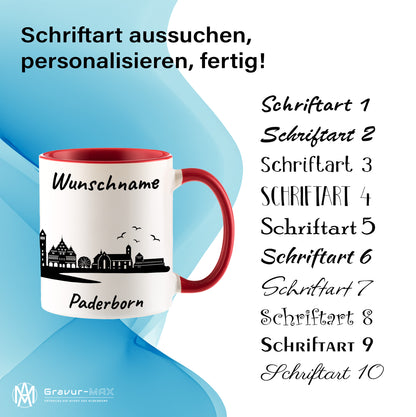 Tasse in Rot 330ml bedruckt mit der Skyline von Paderborn personalisierbar mit Wunschname