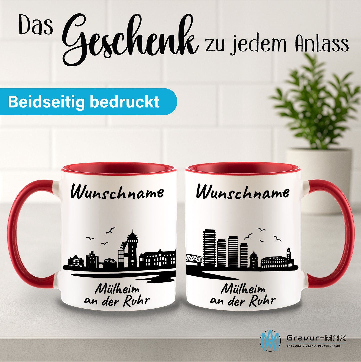 Tasse in Rot 330ml bedruckt mit der Skyline von Mülheim an der Ruhr personalisierbar mit Wunschname