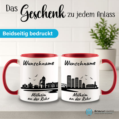 Tasse in Rot 330ml bedruckt mit der Skyline von Mülheim an der Ruhr personalisierbar mit Wunschname