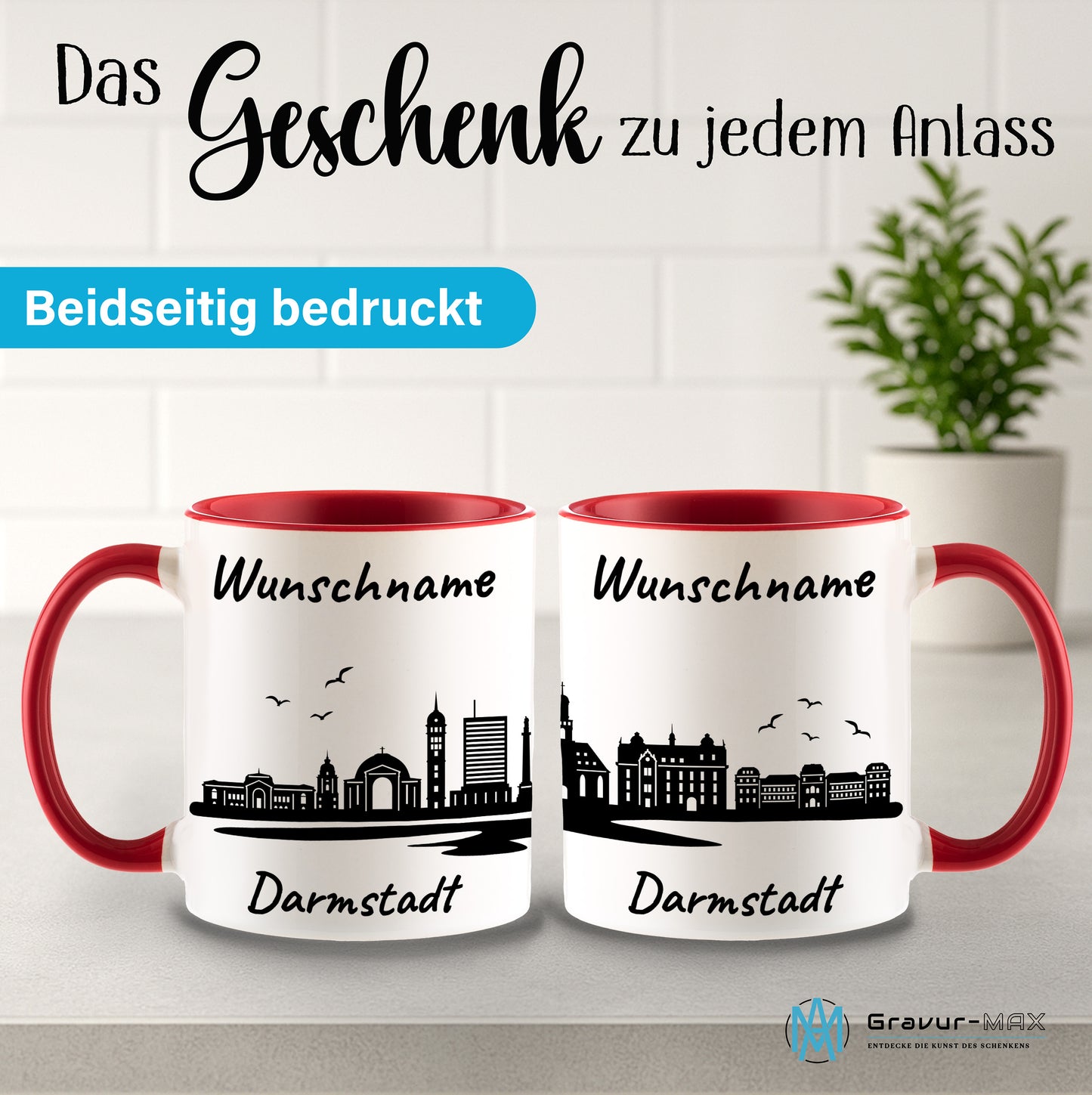 Tasse in Rot 330ml bedruckt mit der Skyline von Darmstadt personalisierbar mit Wunschname