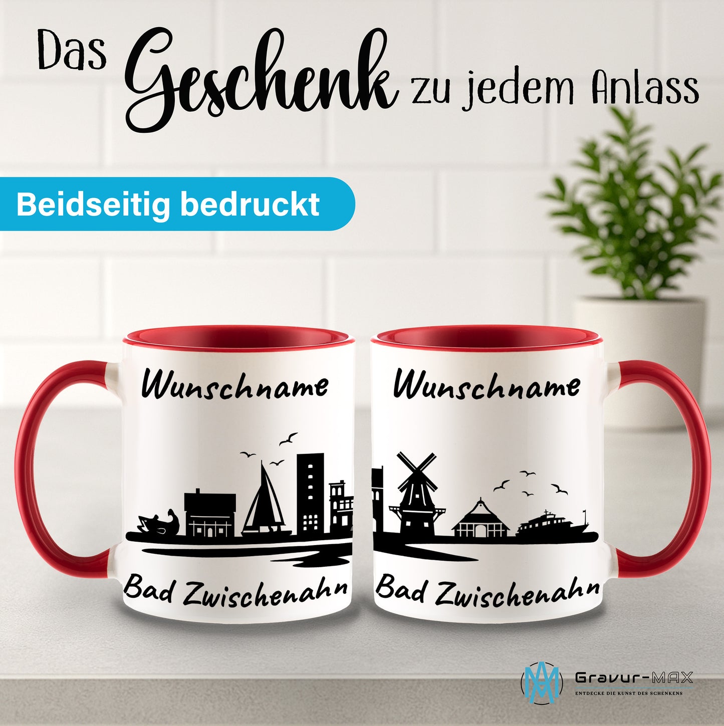 Tasse in Rot 330ml bedruckt mit der Skyline von Bad Zwischenahn personalisierbar mit Wunschname