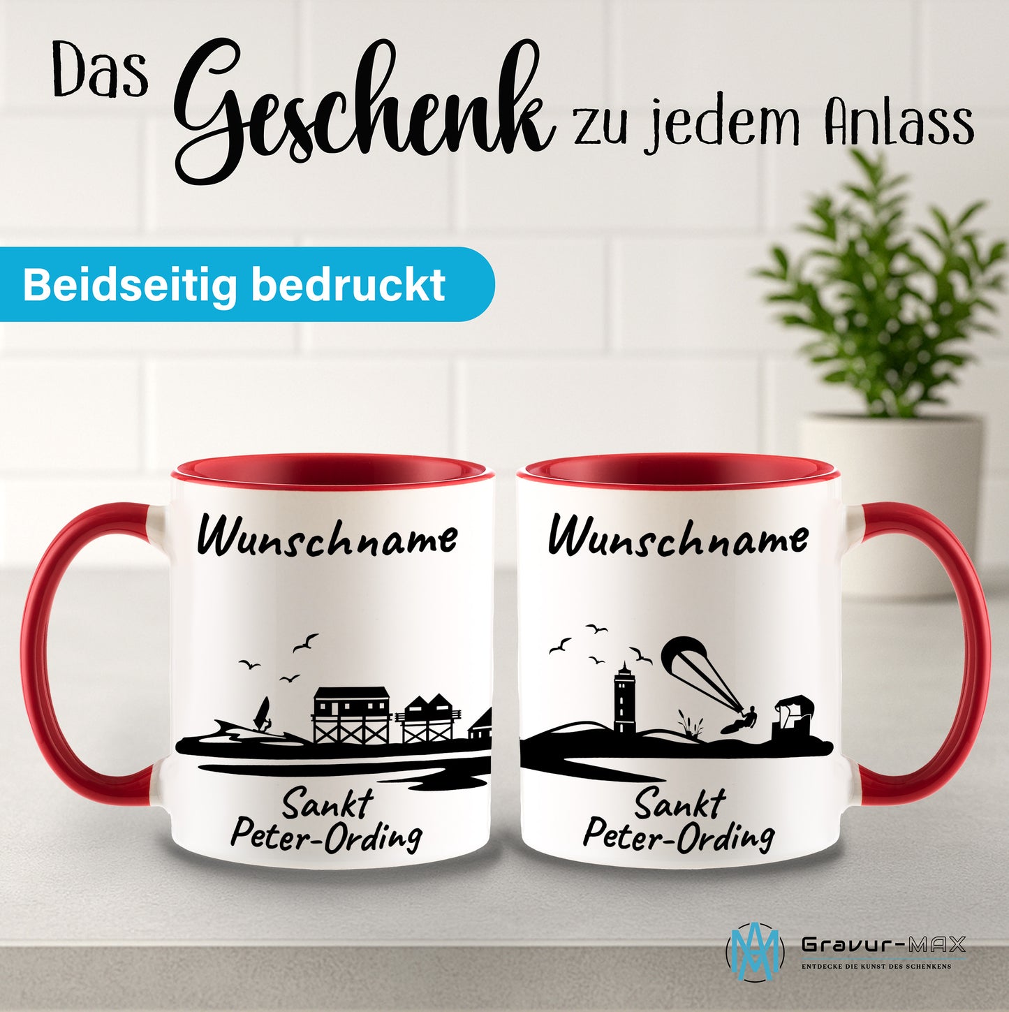 Tasse in Rot 330ml bedruckt mit der Skyline von Sankt Peter-Ording personalisierbar mit Wunschname