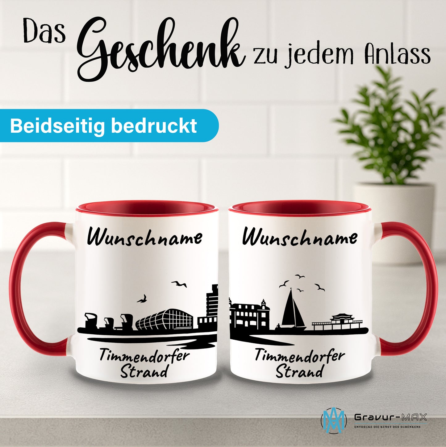Tasse in Rot 330ml bedruckt mit der Skyline von Timmendorfer Strand personalisierbar mit Wunschname