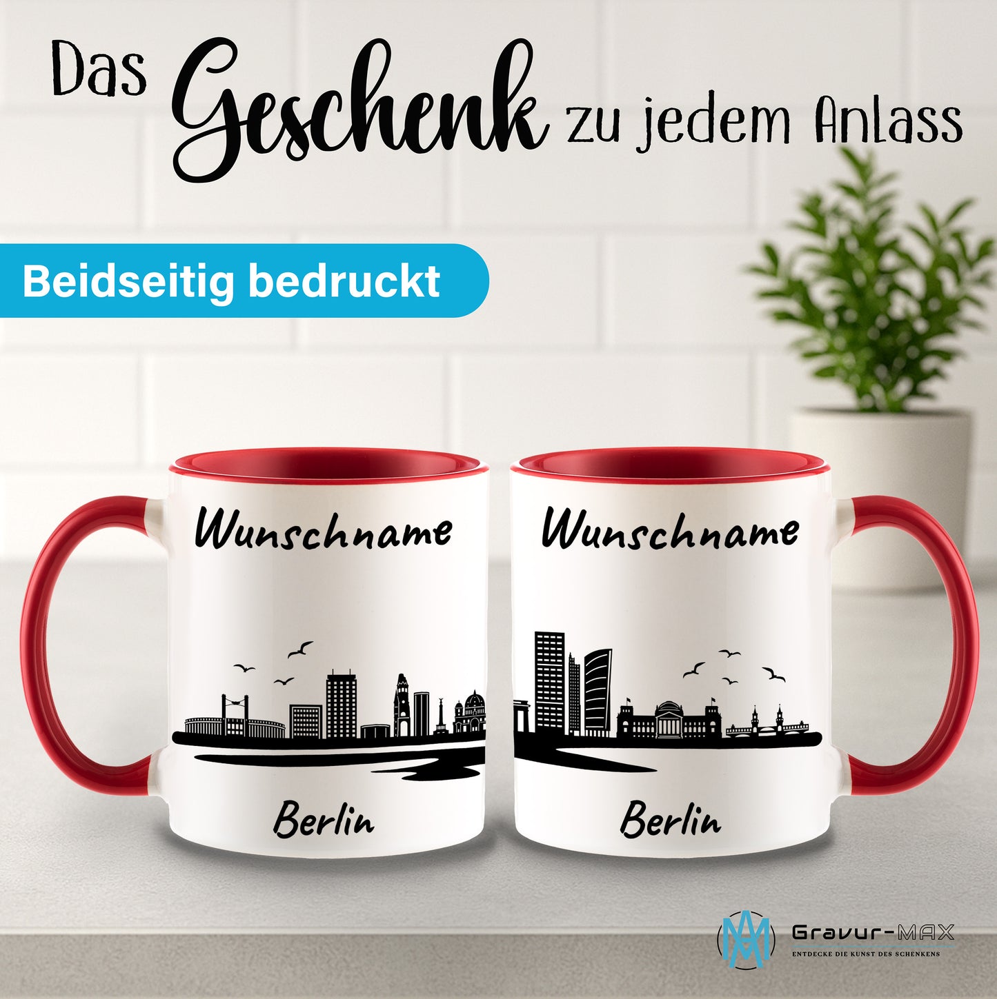 Tasse in Rot 330ml bedruckt mit der Skyline von Berlin personalisierbar mit Wunschname