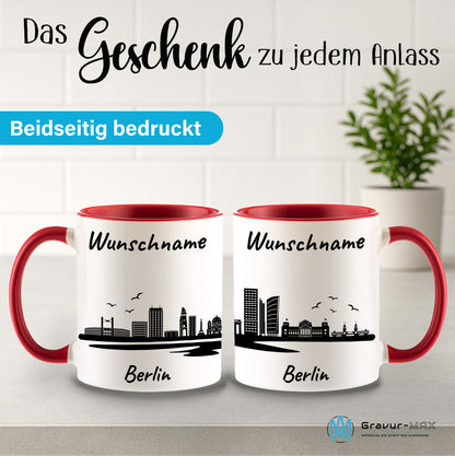 Tasse in Rot 330ml bedruckt mit der Skyline von Berlin personalisierbar mit Wunschname