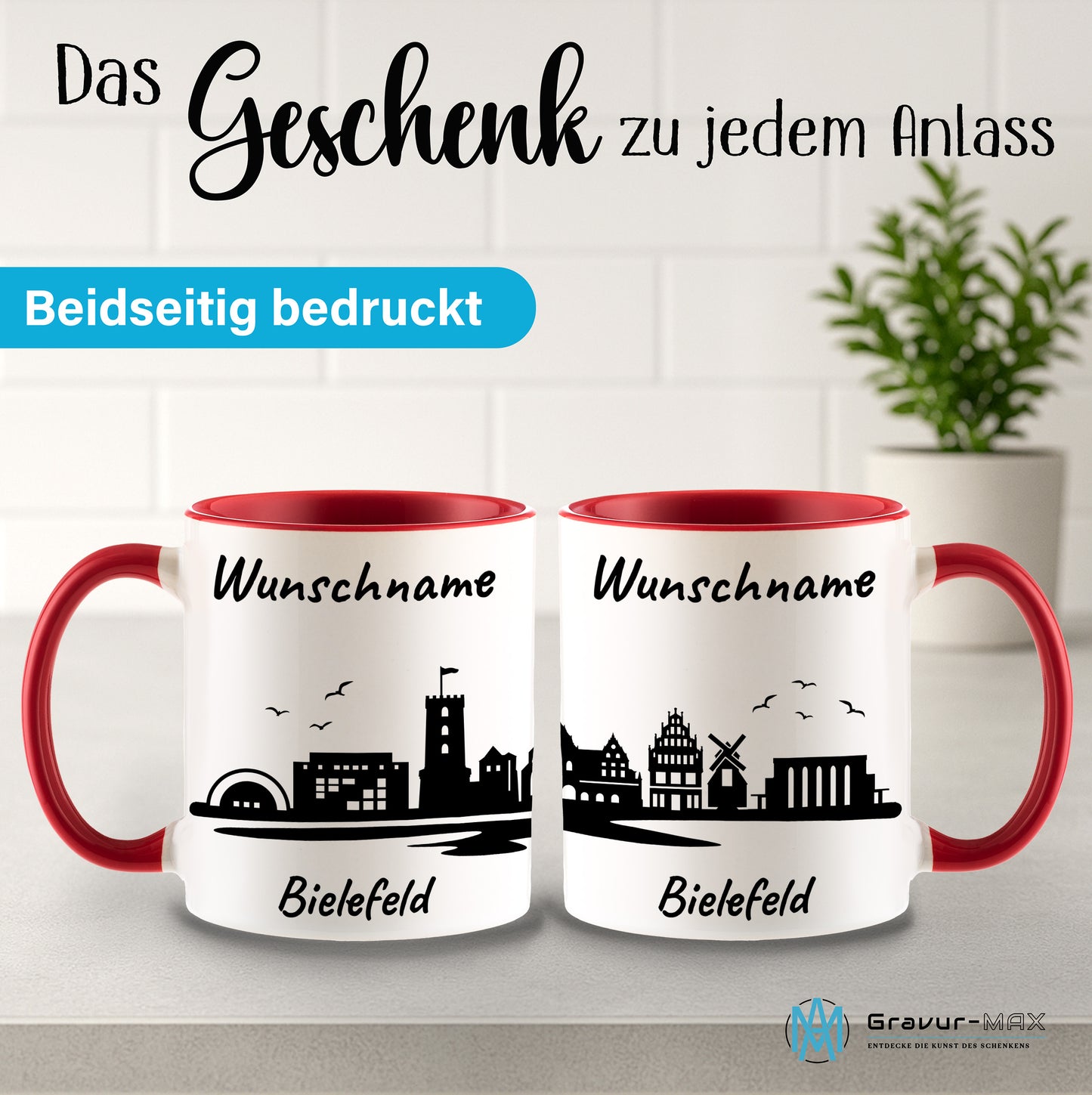 Tasse in Rot 330ml bedruckt mit der Skyline von Bielefeld personalisierbar mit Wunschname