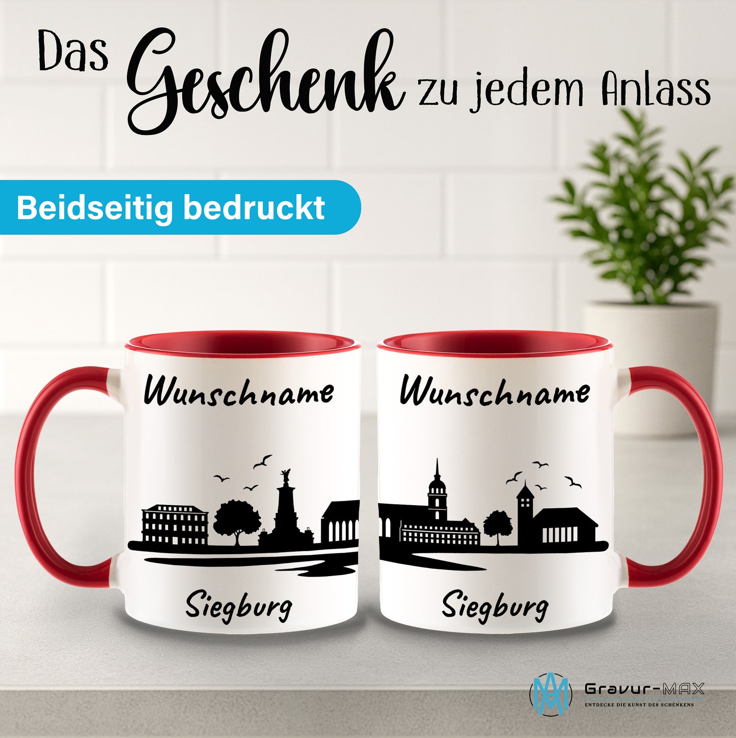 Tasse in Rot 330ml bedruckt mit der Skyline von Siegburg personalisierbar mit Wunschname