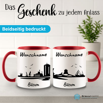 Tasse in Rot 330ml bedruckt mit der Skyline von Büsum personalisierbar mit Wunschname