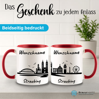 Tasse in Rot 330ml bedruckt mit der Skyline von Straubing personalisierbar mit Wunschname