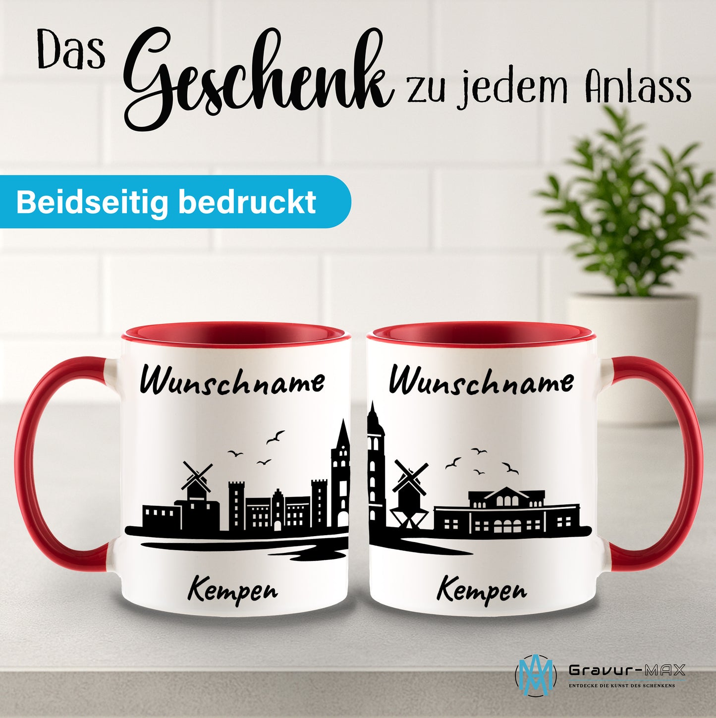 Tasse in Rot 330ml bedruckt mit der Skyline von Kempen personalisierbar mit Wunschname