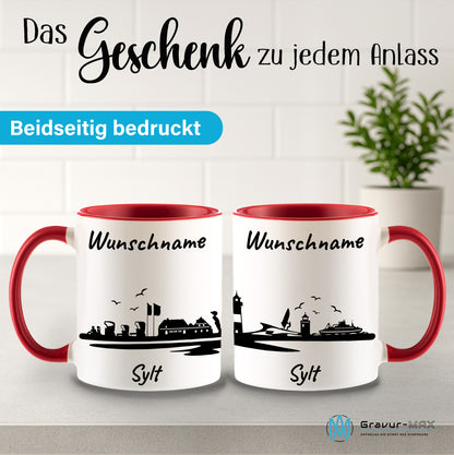 Tasse in Rot 330ml bedruckt mit der Skyline von Sylt personalisierbar mit Wunschname