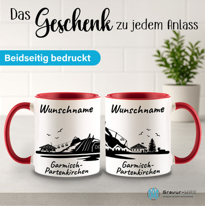 Tasse in Rot 330ml bedruckt mit der Skyline von Garmisch-Partenkirchen personalisierbar mit Wunschname