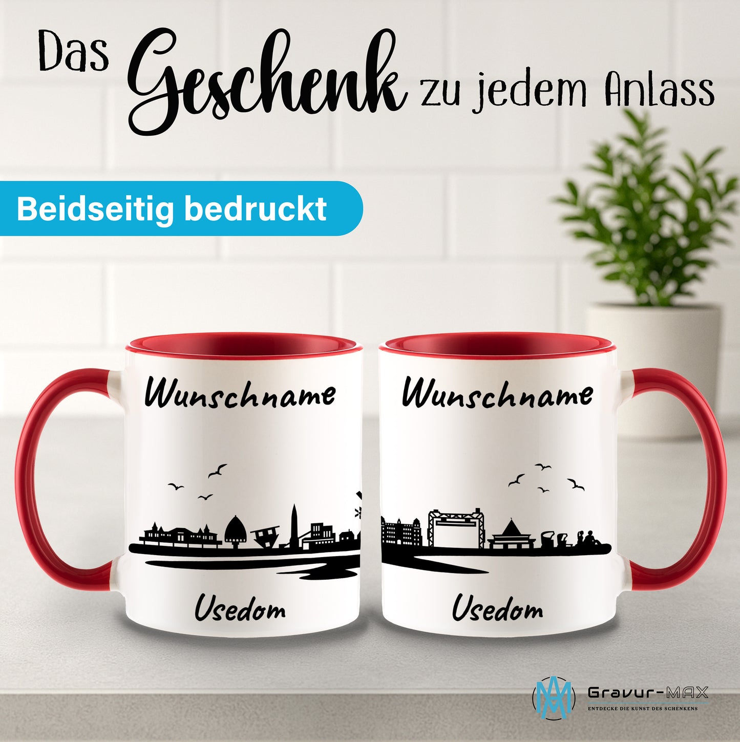 Tasse in Rot 330ml bedruckt mit der Skyline von Usedom personalisierbar mit Wunschname