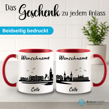 Tasse in Rot 330ml bedruckt mit der Skyline von Celle personalisierbar mit Wunschname
