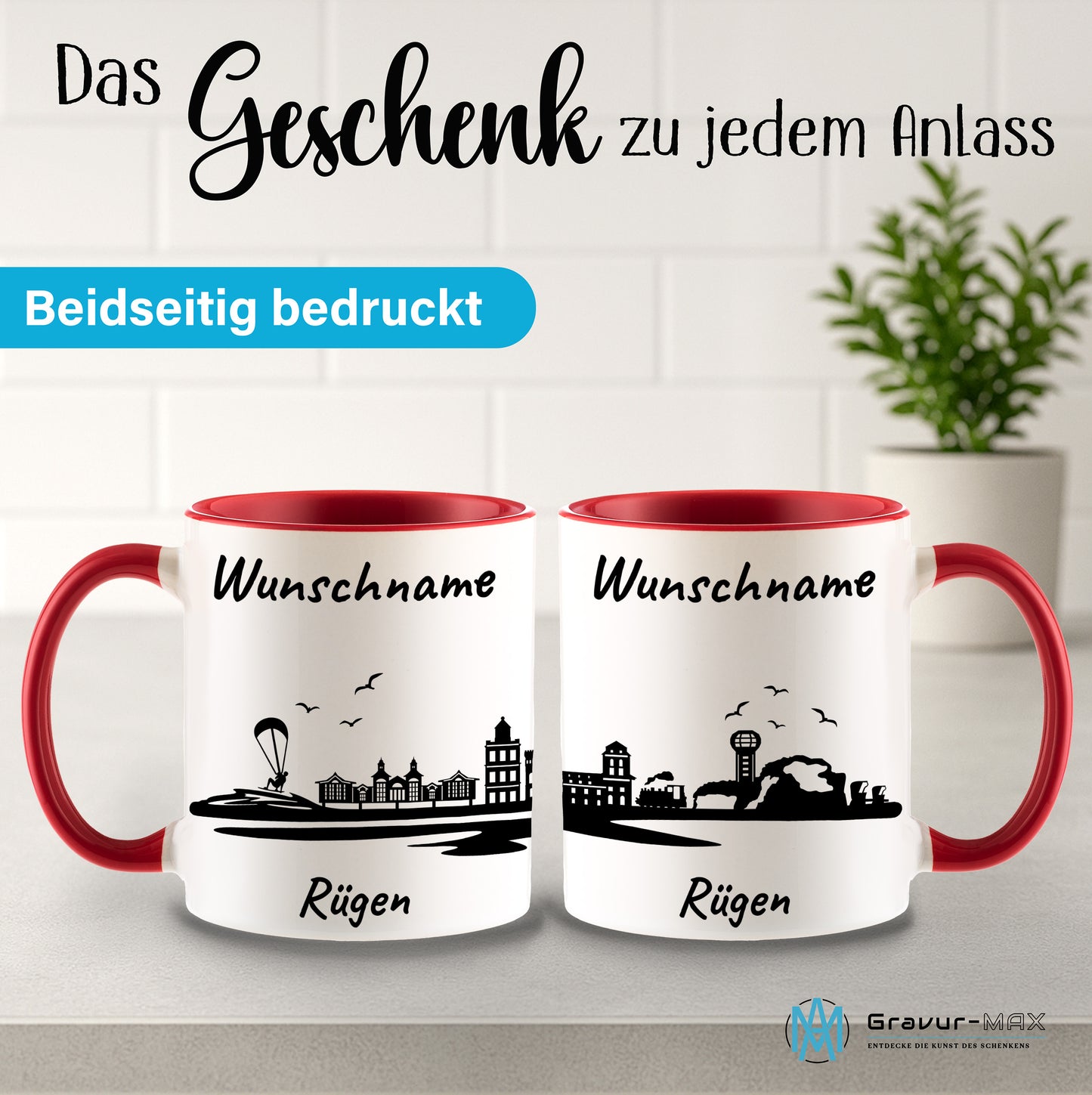 Tasse in Rot 330ml bedruckt mit der Skyline von Rügen personalisierbar mit Wunschname