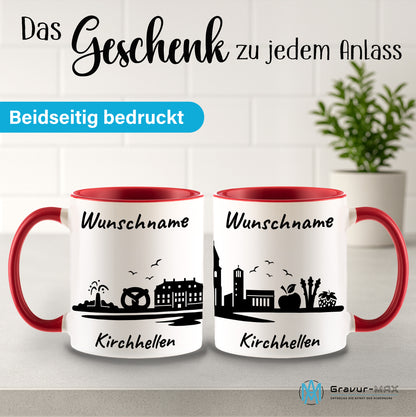 Tasse in Rot 330ml bedruckt mit der Skyline von Kirchhellen personalisierbar mit Wunschname