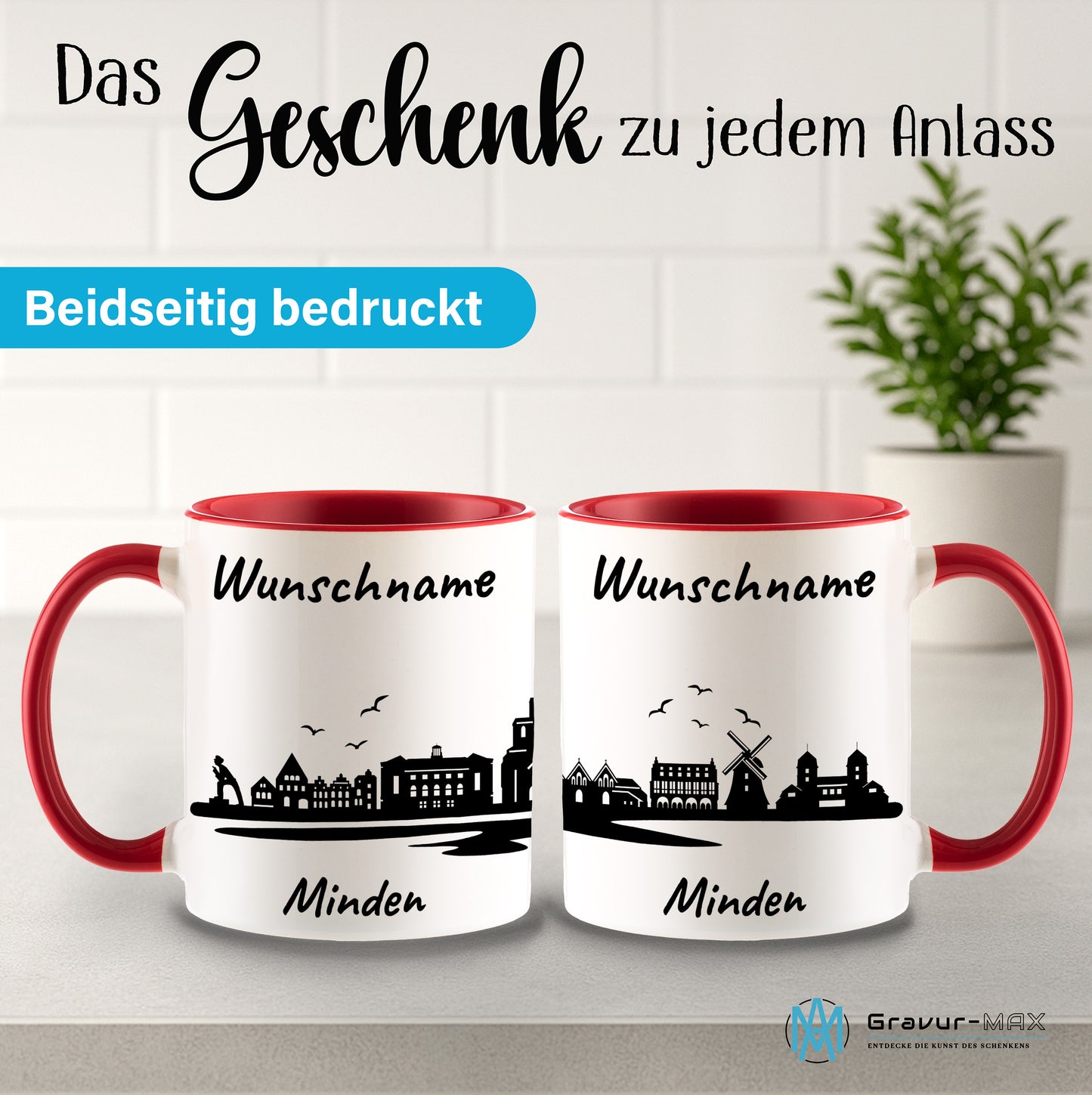 Tasse in Rot 330ml bedruckt mit der Skyline von Minden personalisierbar mit Wunschname