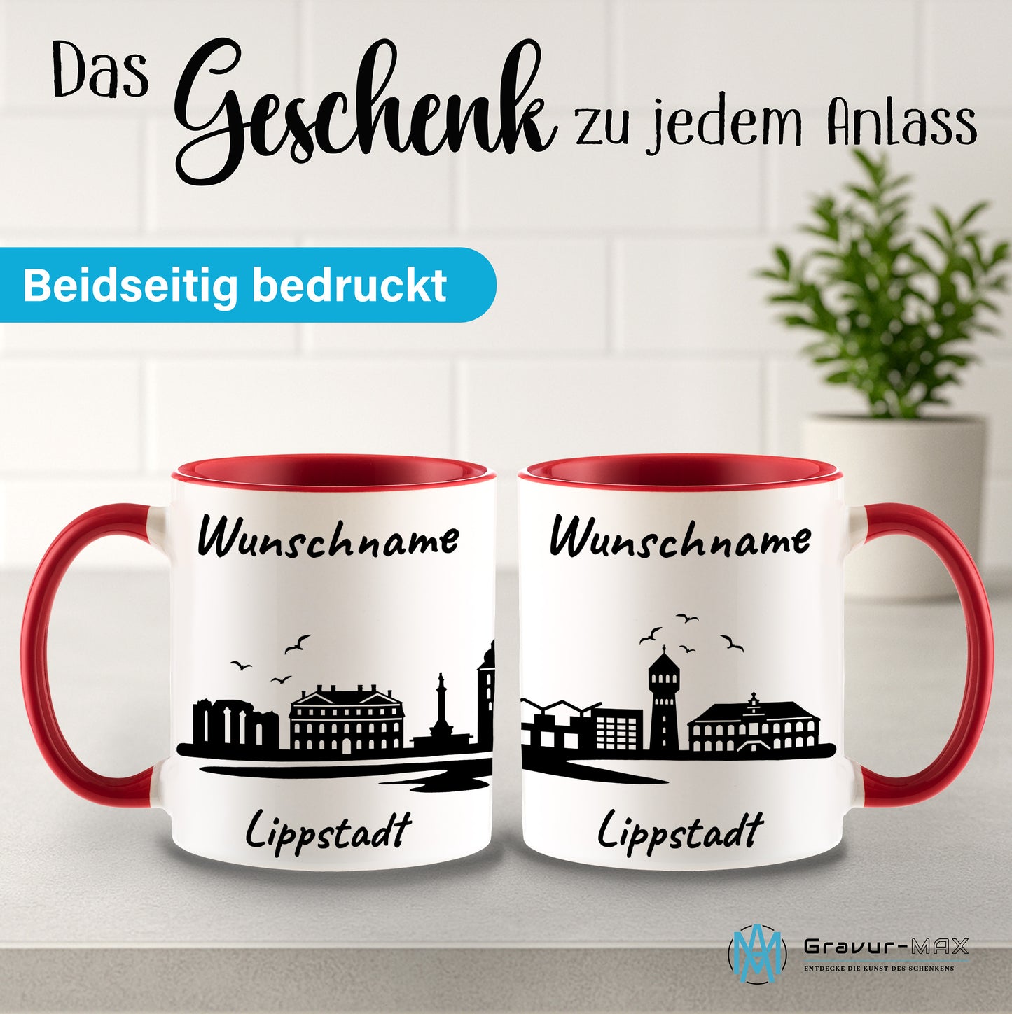 Tasse in Rot 330ml bedruckt mit der Skyline von Lippstadt personalisierbar mit Wunschname