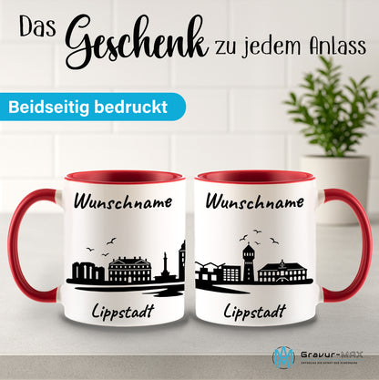 Tasse in Rot 330ml bedruckt mit der Skyline von Lippstadt personalisierbar mit Wunschname