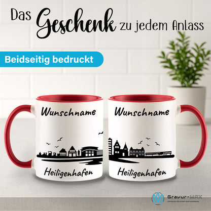 Tasse in Rot 330ml bedruckt mit der Skyline von Heiligenhafen personalisierbar mit Wunschname