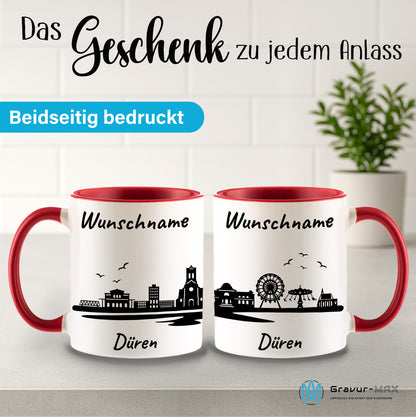 Tasse in Rot 330ml bedruckt mit der Skyline von Düren personalisierbar mit Wunschname