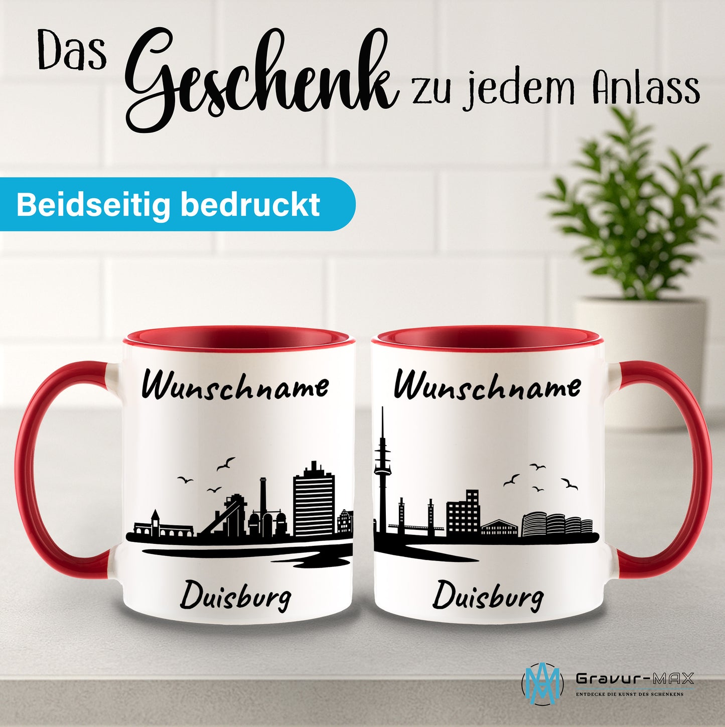 Tasse in Rot 330ml bedruckt mit der Skyline von Duisburg personalisierbar mit Wunschname