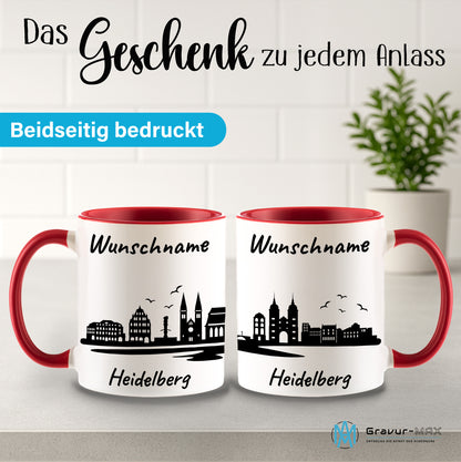 Tasse in Rot 330ml bedruckt mit der Skyline von Heidelberg personalisierbar mit Wunschname