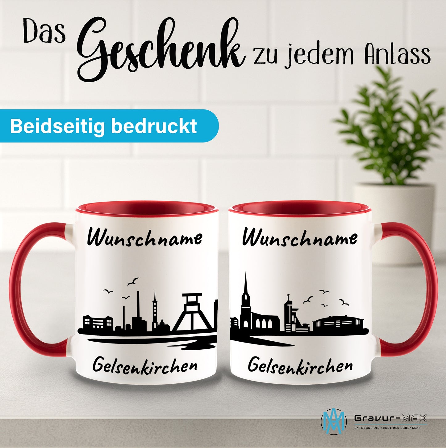 Tasse in Rot 330ml bedruckt mit der Skyline von Gelsenkirchen personalisierbar mit Wunschname