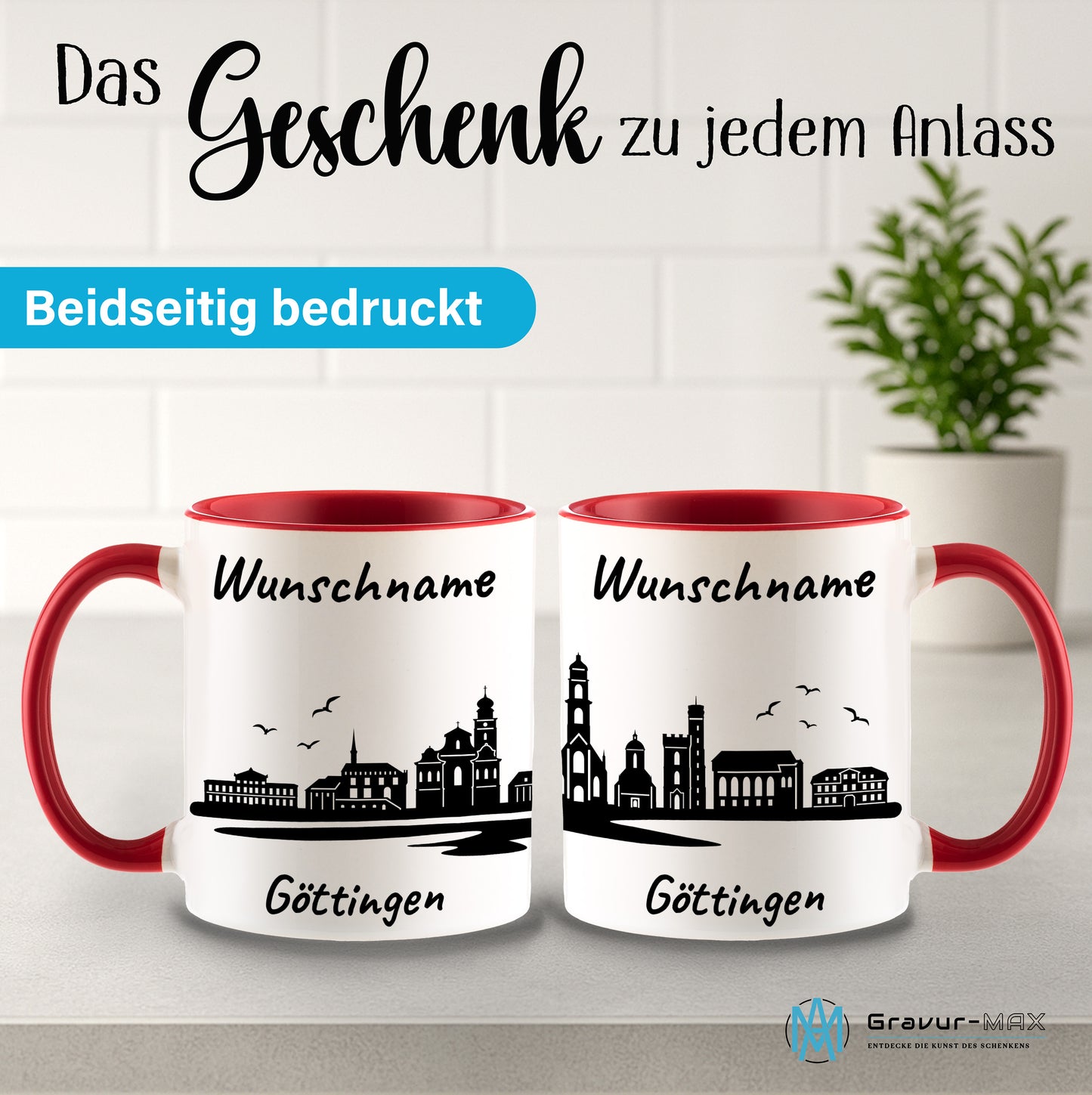 Tasse in Rot 330ml bedruckt mit der Skyline von Göttingen personalisierbar mit Wunschname