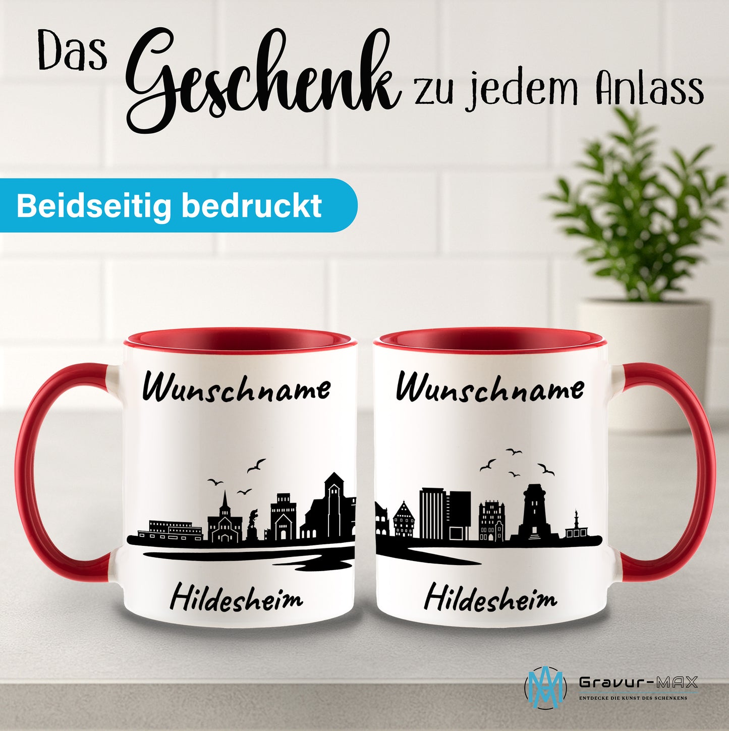 Tasse in Rot 330ml bedruckt mit der Skyline von Hildesheim personalisierbar mit Wunschname