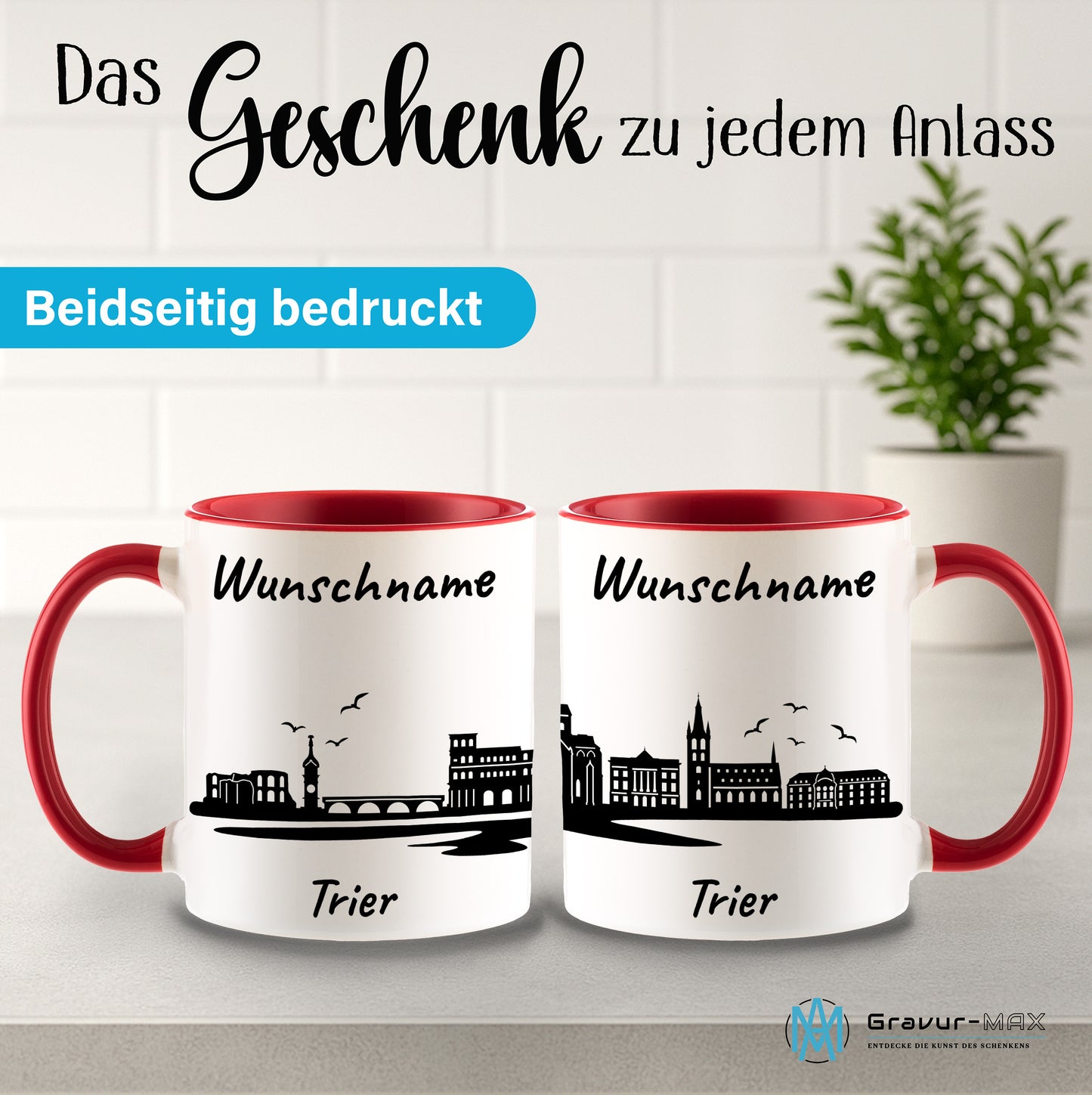 Tasse in Rot 330ml bedruckt mit der Skyline von Trier personalisierbar mit Wunschname